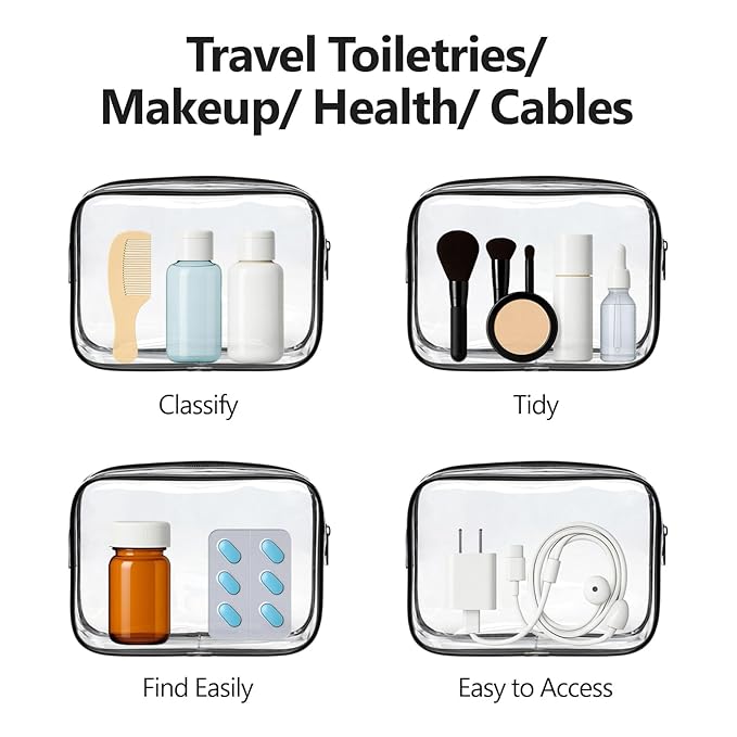PACKISM TSA Approved Toiletry Bag - Clear Makeup Bag 3 Pack Medium, Metal Smooth Zipper Quart Size Bag for 3-1-1 Liquids, Travel Makeup Bag for Women Men, Airport Airline Compliant Bag, Black