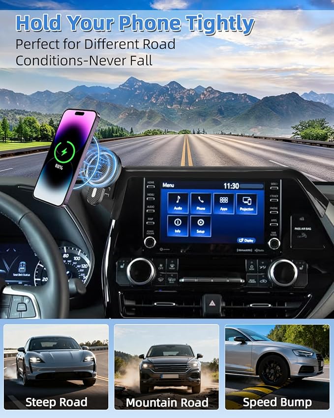 PZK Car Phone Mount for 2020-2025 2026 Toyota Highlander L/LE/Hybrid XLE/Nightshade Accessories 8-inch Screen Magnetic 15W Fast Wireless Charger Cell Phone Holder Not Affect Vent (Not fit 12.3 inch)