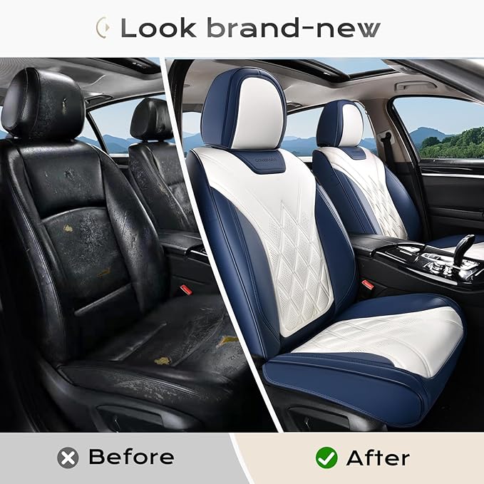 Coverado Car Seat Covers Full Set, Seat Covers for Cars, Waterproof Leather Automotive Seat Cover, Universal Car Interior Protectors Cushion for Most Cars Blue_White