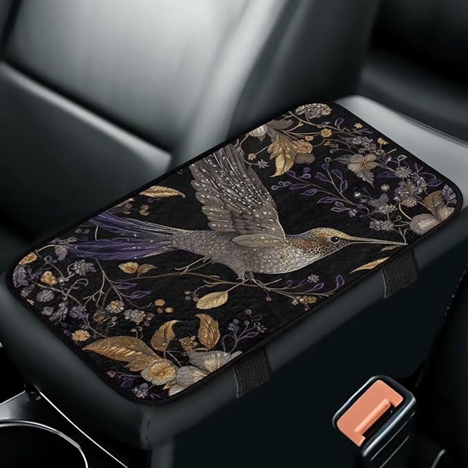 Hummingbird Flower Console Cover Armrest Pad Soft Car Armrest Cushion Anti-Slip Washable Car Center Console Lid Cover Accessories Fit Sedans,Cars,Vans,SUV,Truck