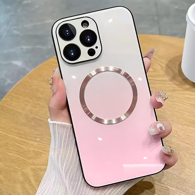 Guppy Compatible with iPhone 16 Pro Case Magnetic, with Full Camera Lens Protector [Compatible with MagSafe] Scratch Resistant Gradient Glass Back Cover Phone Case-Pink