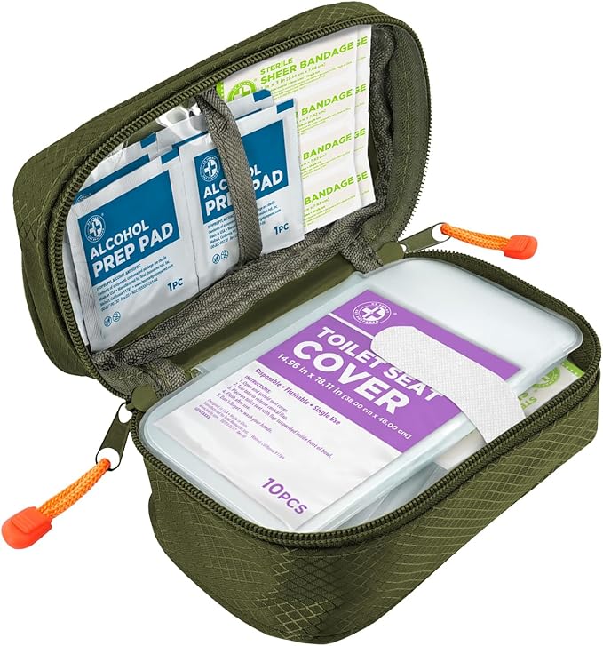 Be Smart Get Prepared's 125 Pieces Travel First aid kit, Carry-on Travel Essentials– PPE, Camping, Hiking, Road Trips, On-The-Go