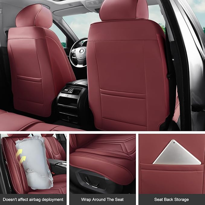 Car Seat Covers, Premium Leather Car Seat Covers, Waterproof and Breathable Seat Covers, Universal Car Seat Protector Fit for Cars, Trucks, SUVs, Pick-ups (Wine Red, FullSet)