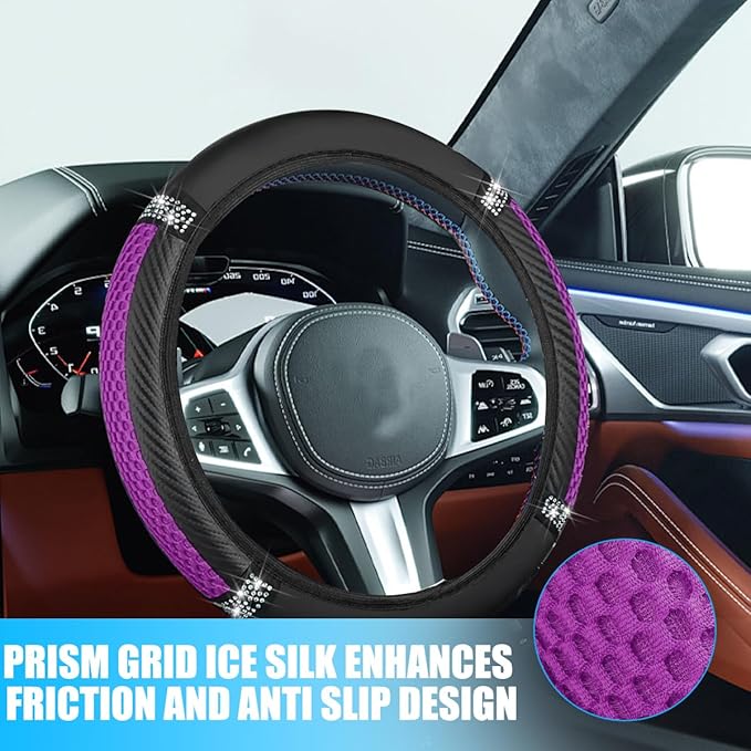 Bling Car Steering Wheel Cover, 15 Inch Elastic Stretch Crystal Rhinestone Vehicle Steering Wheel Protector, Anti-Slip Auto Interior Protective Cover, Universal for SUV RV Truck (Purple)