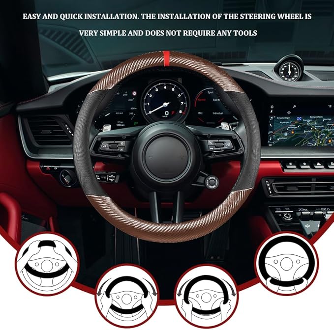 Car Steering Wheel Cover, Steering Wheel Accessories, 15 Inch Microfiber Leather Carbon Fiber Soft Anti-Slip Breathable, Car Accessories Elastic Non-Slip Cover for Most Vehicles (Coffee)