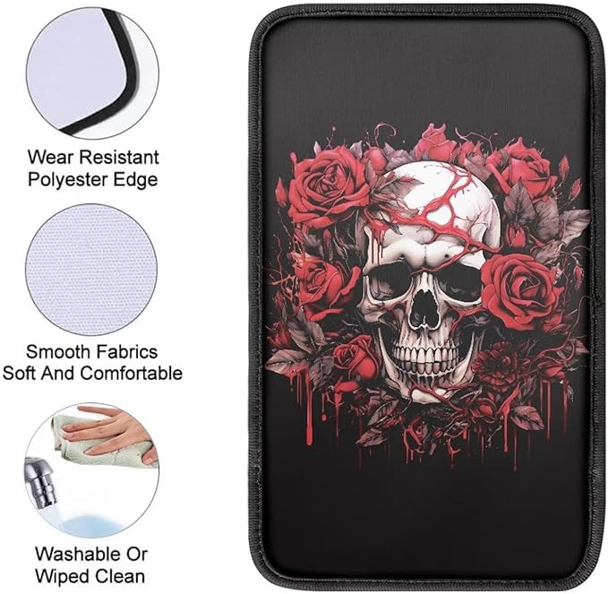 Dreaweet Skull Rose Auto Center Console Pad Car Armrest Seat Box Cover Protector Universal Fit for Most Cars Vehicles Halloween Car Accessories Decorations