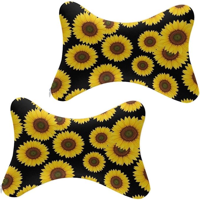2 Pack Car Neck Pillow Compatible with Floral Black Yellow Flowers Sunflower, Softness Car Headrest Pillow for Driving with Adjustable Strap, Memory Foam and Breathable Removable Cover