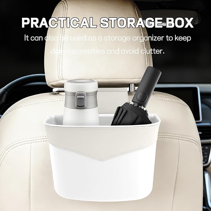 Car Trash Can for Seat Headrest, Mini Automotive Front Back Seat Garbage Can, Leakproof Vehicle Hanging Trash Cans, Multi-Purpose Auto Garbage Bin & Storage Organizer, Car Accessories (White)
