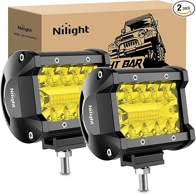 Nilight 4 Inch Yellow LED Light Pods 2PCS Triple Row 60W Flood Spot Combo Offroad Driving Fog Lighting for 12V 24V Pickup Truck ATV UTV SUV