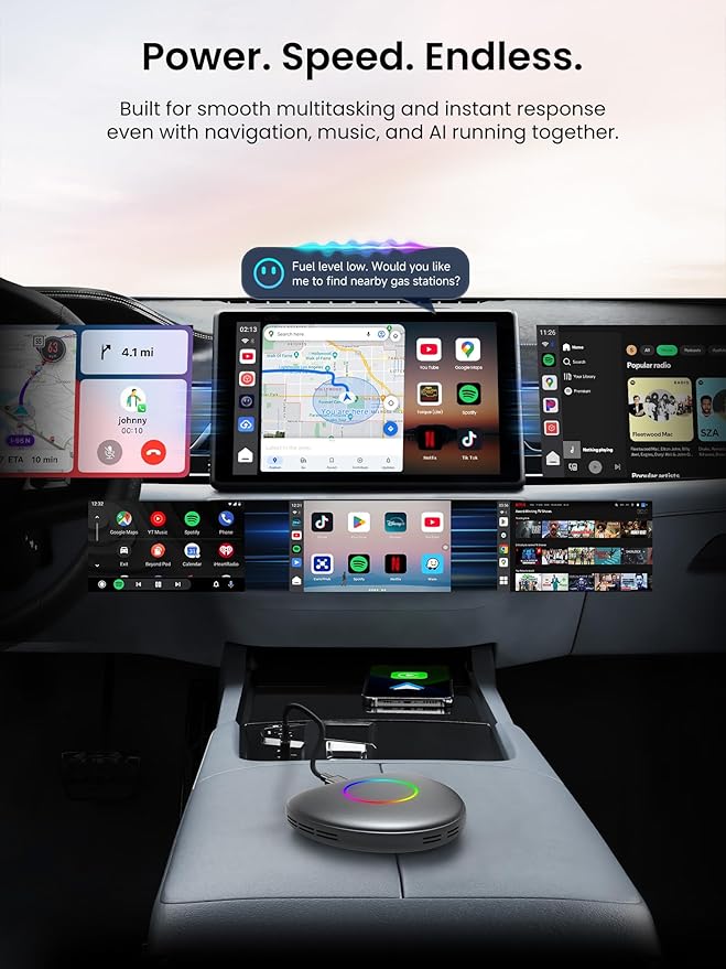 Magic Box - Wireless Carplay/Android Auto/Android AI Box 8GB+128GB, Car Video Box for YouTube, Spotify, Prime Video with Built-in 4G/ WiFi/Dual Bluetooth, OTA, GPS, microSD, OBD II, CB6D