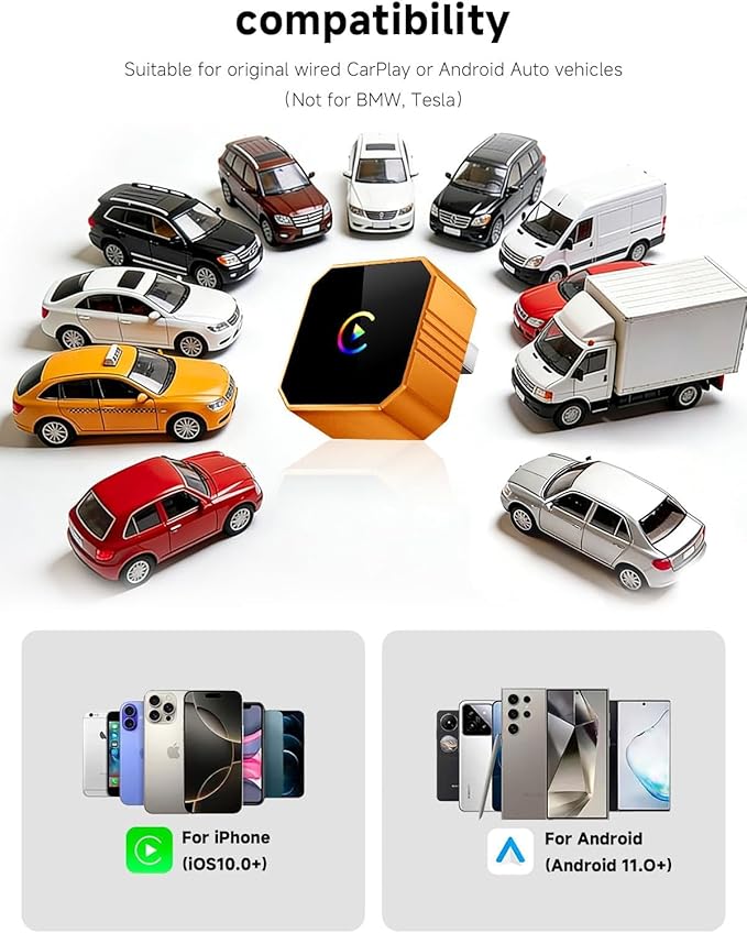 2026 Mini Wireless CarPlay Adapter, Wired to Wireless CarPlay & Android Auto Dongle, Plug and Play, Stable Zero Latency, Compatible for iPhone iOS 10+ & Android 11+