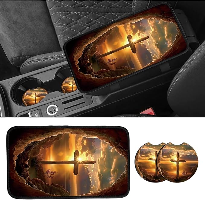 Car Armrest Cover Pads Universal Fashion Cute Auto Center Console Armrest Cover Pad with 2PCS Car Coasters Soft Waterproof Car Armrest Seat Protector for Women, Sunrise Cross