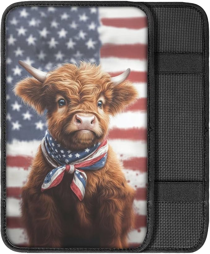 Highland Cattle Print Car Center Console Armrest Cover American Flag Print Armrest Box Cover Center Console Pad Universal Car Interior Decor for Truck Sedan SUV