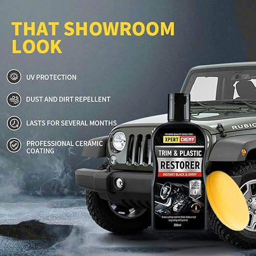 Plastic Restorer for Car with Foam Applicator, Black Trim Restorer, Bumpers and Rubber, Protects Against UV Rays, Long Lasting Shine, No Oily Residue