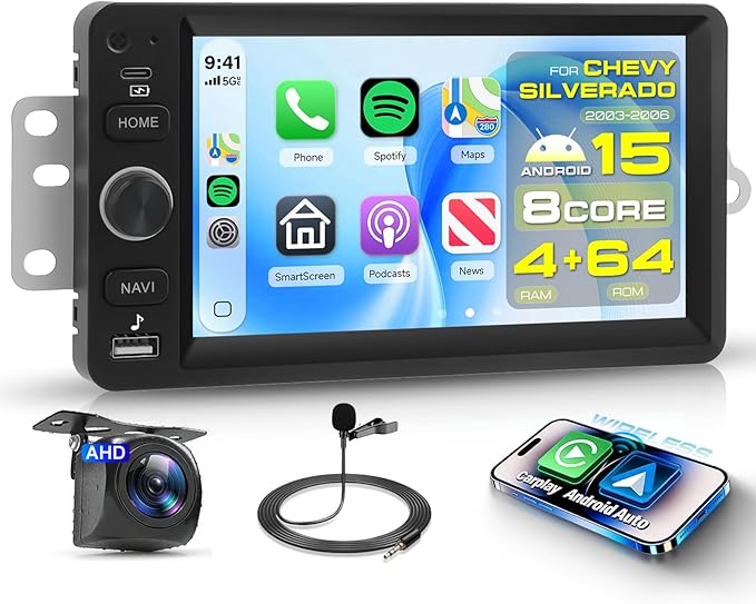 8 Core 4G+64G 5G WiFi Car Radio Stereo for 2003-2006 Chevrolet Chevy Silverado Tahoe GMC Sierra Yukon with Wireless Carplay Android Auto, 7" 1280P Touchscreen Radio BT 5.0 FM SWC Backup Camera