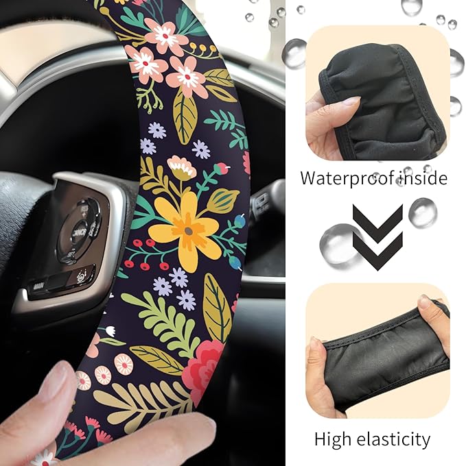 Car Steering Wheel Cover, Universal 15 Inch Neoprene Non-Slip Steering Wheel Covers, Funny Car Accessories for Women Men Fit Auto, Suvs, Truck Cute Colorful Floral