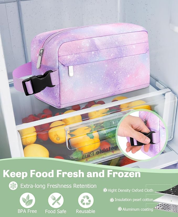 Small Insulated Snack Bag Lunch Bag for Kids Lunch Box for Women/Men, Collapsible [3L/5-Can] Reusable Lunch Bag Cooler Bag for Bottle with Handle Buckle for Work/School/Travel,Pink Starry Sky