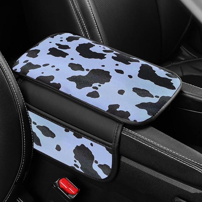 Cow Print Car Center Console Cover PVC Leather Armrest Cushion with 2 Storage Bags Universal Car Armrest Seat Box Pad Car Interior Accessories Protector for Women Men (Blue Black)