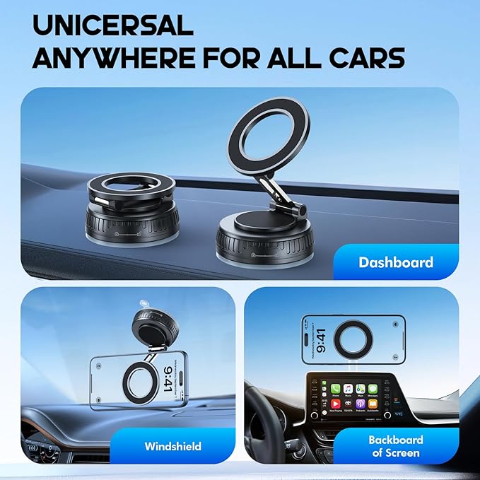 Vacuum & Magnetic Car Phone Holder for MagSafe 【Upgraded 120+ LBS】 360° Adjustable Cell Phone Holders for Your Car, Car Phone Mount Accessories for iPhone 17 Pro Max 16 15 14 13 12 Air Plus
