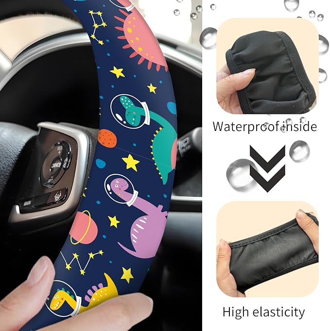 Car Steering Wheel Cover, Universal 15 Inch Neoprene Non-Slip Steering Wheel Covers, Funny Car Accessories for Women Men Fit Auto, Suvs, Truck Cute Funny Dinosaurs