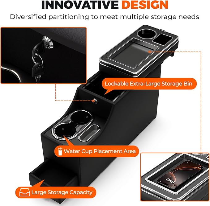 Center Console Between Seat Organizer for Minivans,SUVs,Middle Van Console Floor Console Organizer Storage Box with Phone Holder,Drawers&Cup Holders,for SUVs Console Organizer Storage Box with Locking