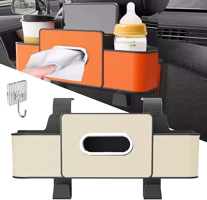 3-in-1 Car Backseat Organizer, 2026 Upgraded Multifunctional Car Seat Back Storage Box, Backseat Car Organizer with 2 Cup Holders, Tissue Box & Hooks, Universal Car Essentials (Beige)