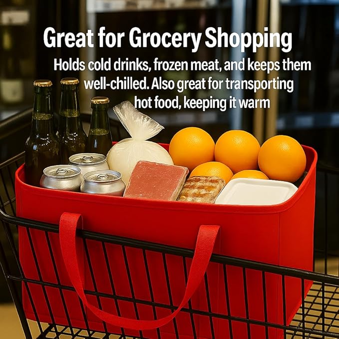 musbus 2-Pack XL-Large Insulated Grocery Shopping Bags, Red, Reusable, Heavy Duty, Zipped Zipper,Collapsible,Tote,Cooler,Groceries,for car,Recycled Material Warm Foldable Bag…