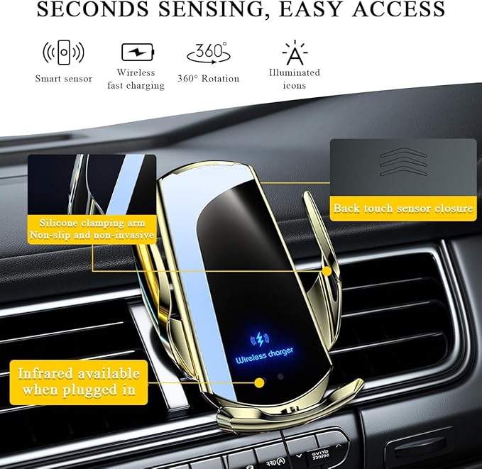 Ohleats Wireless Car Charger Mount, 15W Automotive Electric Wireless Charger Holder, Car Air Vent Mount Bracket Fast Charging for Most Smartphone, Universal Car Accessories (Golden)
