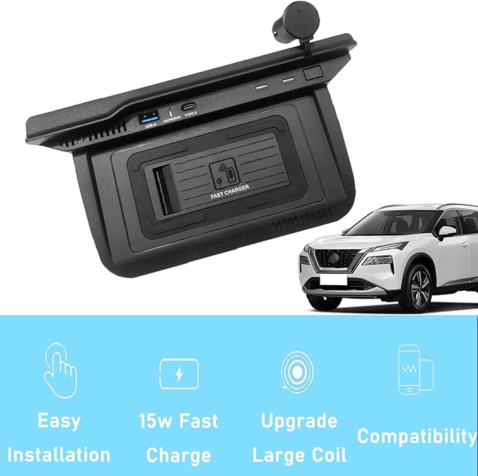 Wireless Car Charger with 15w Wireless and 27w USB Qc3.0 Fast Charging for Nissan Rogue (2021-2023) S/Sv/Sl Center Console Charging Pad Mat Interior Accessories