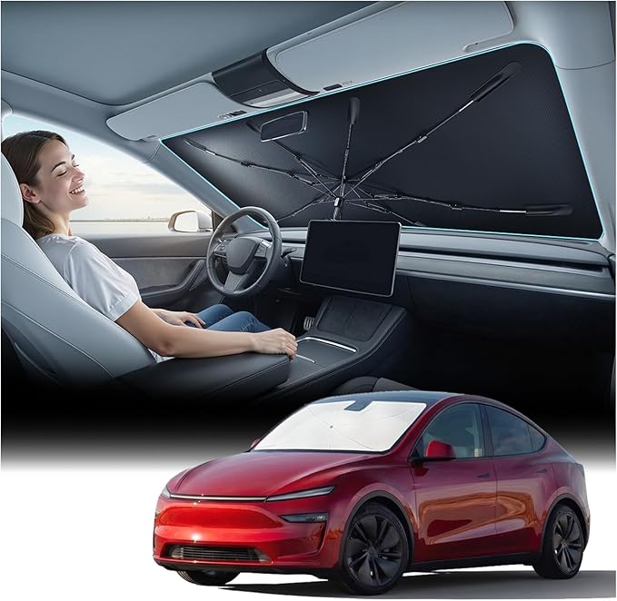 Windshield Sun Shade Umbrella for Tesla Model Y & Model 3 - [Vinyl Coating Heat Shield] Protect Car from Sun Rays & Heat Damage Keep Cool and Protect Interior, Spring Structure Edge