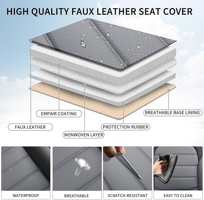 Car Seat Covers Full Set, Universal Leather Seat Covers for Cars, Breathable & Waterproof Automotive Seat Cover for Most Sedans, SUVs, Trucks, Full Coverage Seat Protector, Black Gray