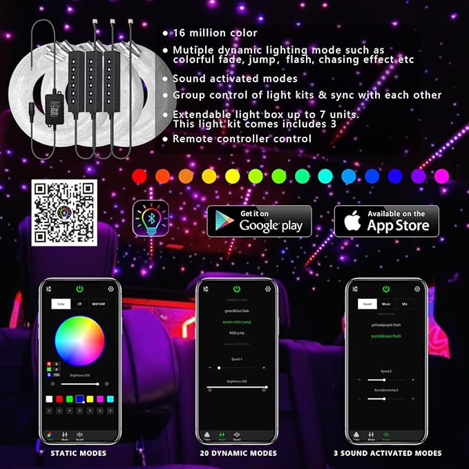 AKEPO 3.2W 6-Hole RGB Headliner Starlight Kit, APP Control Colorful Color Chasing 9.8ft 1080pcs*0.75mm/0.03in Optical Fiber Sound Activated Fiber Optic Lights for Car and Home
