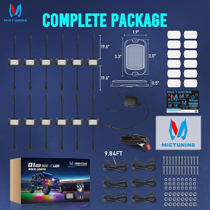 MICTUNING Q1+ MAX 12 Pods Ultra-Bright RGB+IC Rock Lights, Multi-Color Chasing Underglow Lighting, Extensible to 24 Pods, APP Music Sync & DIY Effects, IP68 Waterproof