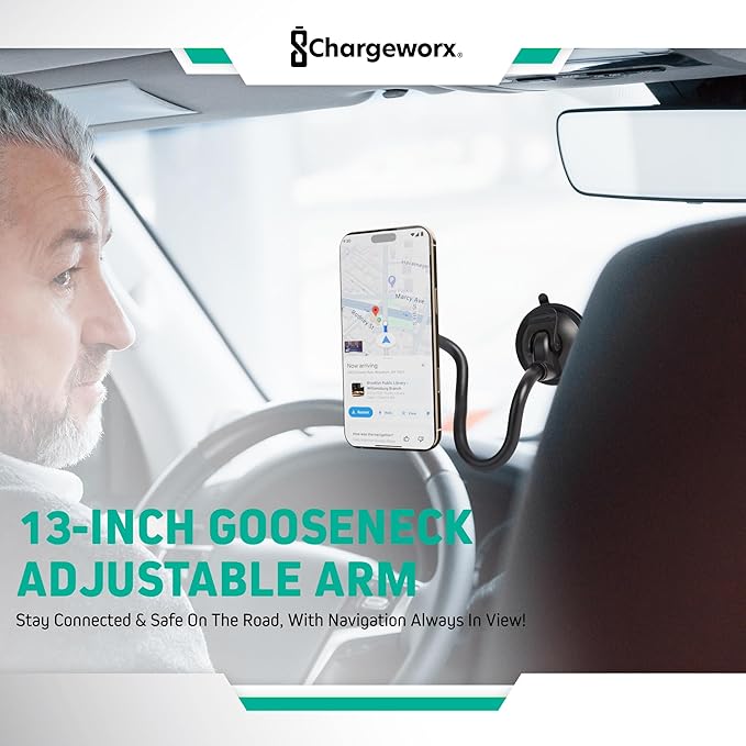 CHARGEWORX Magnetic Phone Stand Mount for Car Windshield – 14-Inch Flexible Gooseneck Holder with Strong Suction Cup & 360° Rotation, Magsafe iPhone & Android Compatible Car Holder Accessory