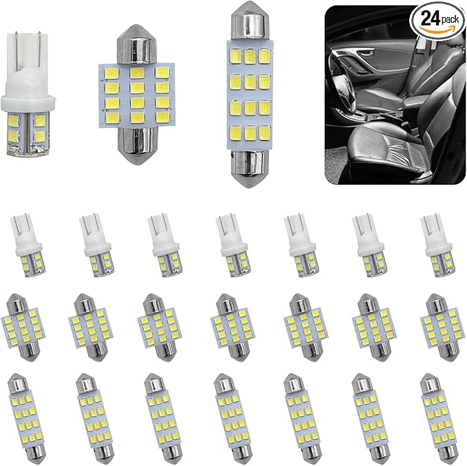 24PCS LED Interior Car Lights, Interior Car Lights Dome Light Set T10 31 mm 42 mm Replacement Bulbs for Top Map Dome Tail Cab Lights and License Plate Courtesy Lights Accessories (White)