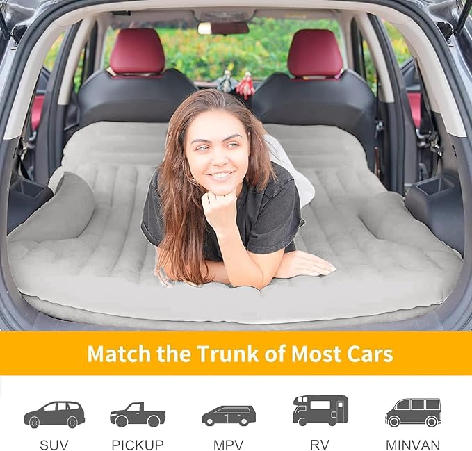 KMZ SUV Air Mattress Thickened and Double-Sided Flocking Travel Camping Bed with 2 Pillows & Pump Dedicated Mobile Cushion Inflatable Bed for SUV Trunk and Rear Seat (Light Gray)