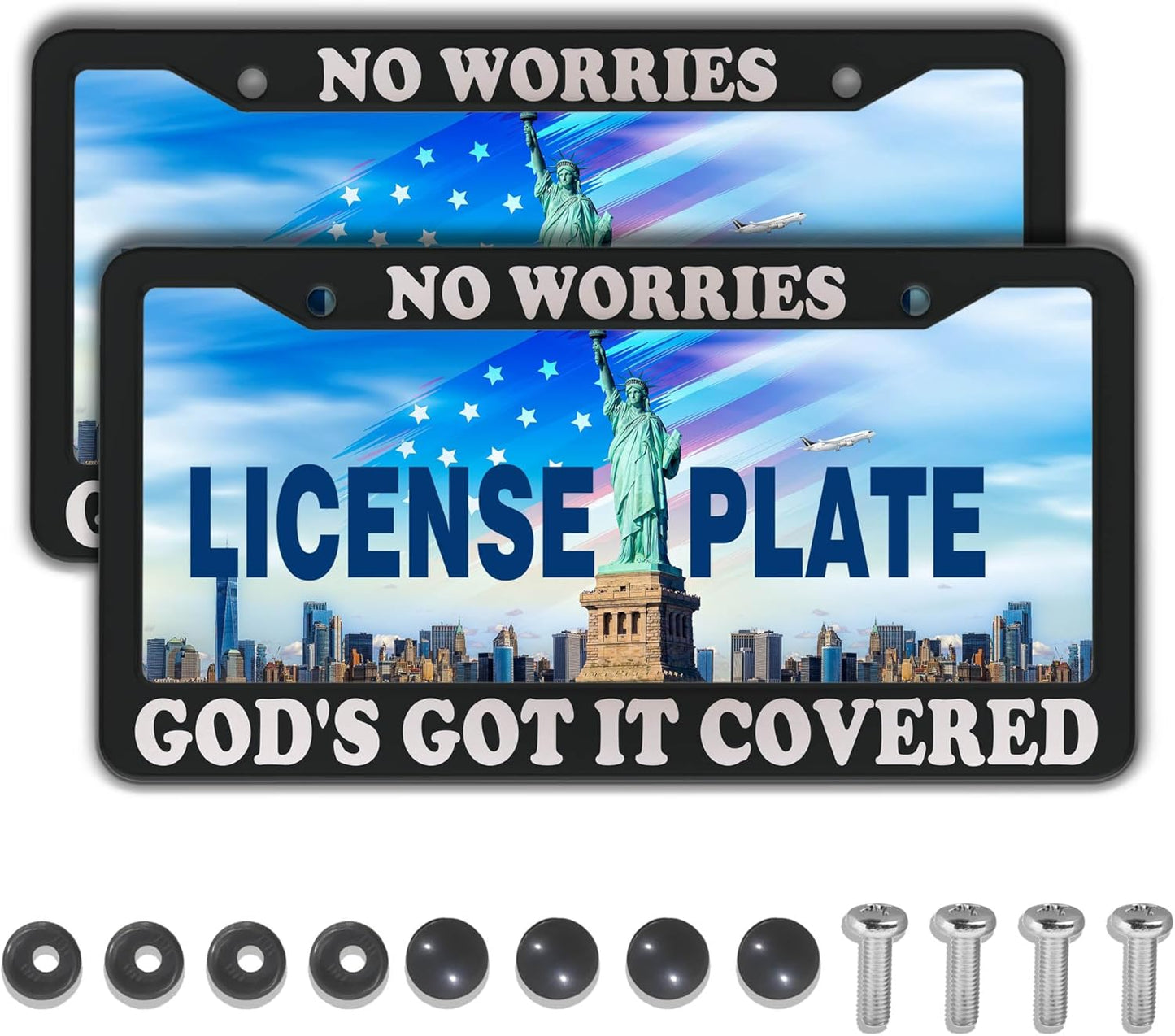License Plate Frames Black and White License Plate Frame No Worries, God’s Got It Covered Universal Aluminum Car Accessory 2 Pack with Screw Covers Set