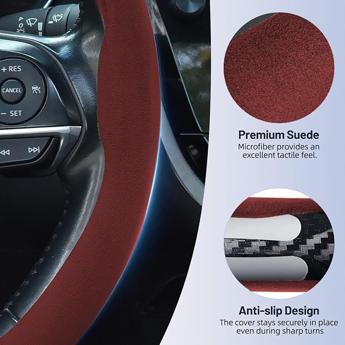 Suede Steering Wheel Cover, Universal 15 Inch Car Steering Wheel Cover, Non-Slip Design,Breathable,Car Interior Accessories Bordeaux Red