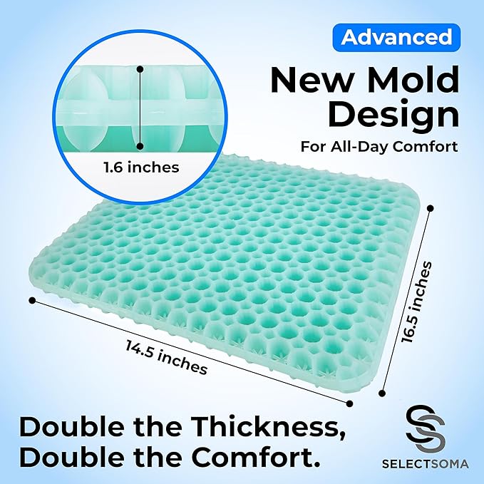 SelectSoma NEW Mint Green Gel Seat Cushion for Long Sitting, Patent-Pending Mold Design, Double-Thick Pressure Relief for Tailbone, Sciatica, Coccyx & Back Pain - Office Chair, Car, Wheelchair, Truck