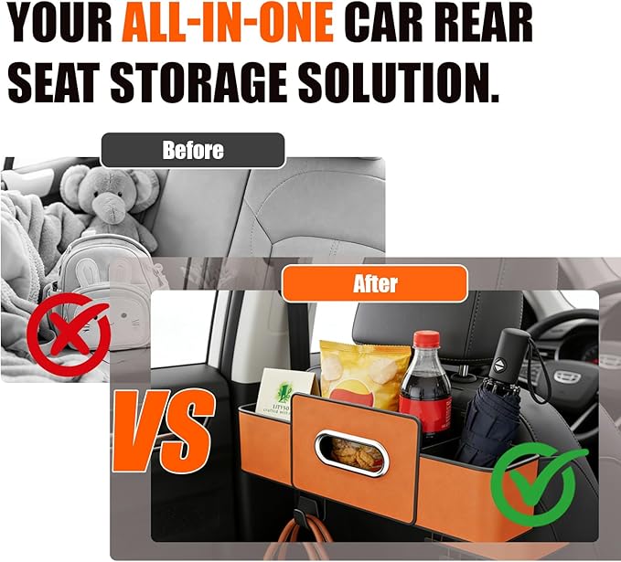 Car Backseat Organizer Multifunction Storage Box Vehicle Seat Accessories Cup Tissue Trash Hooks Phone Snack Drink Handbag Leather Interior Utility Portable Durable Easy Installation Secure(Brown)