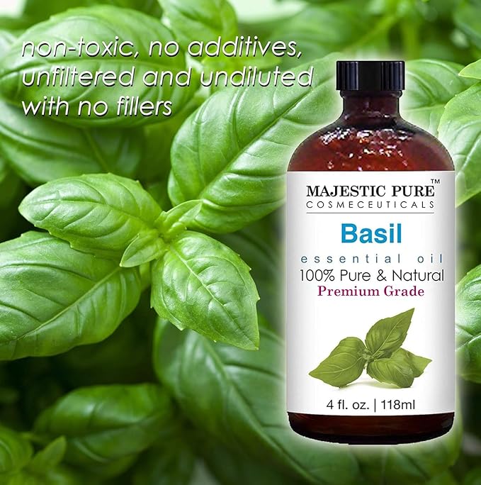 Majestic Pure Essential Oil with Glass Dropper - 100% Pure and Natural - Essential Oils for Diffuser, Aromatherapy, Soap and Candle Making, Basil Essential Oil, Basil Oil, 4 Fl Oz