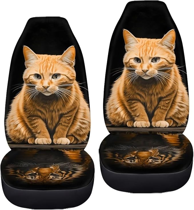 BIGCARJOB 2 Pcs Animal Car Seat Cover Set for Front Only,Funny Cat and Tiger Print Vehicle Bucket Seat Cushion Pads Auto Seat Protector for Men Women,Fit Most Cars,Sedan,Truck,SUV