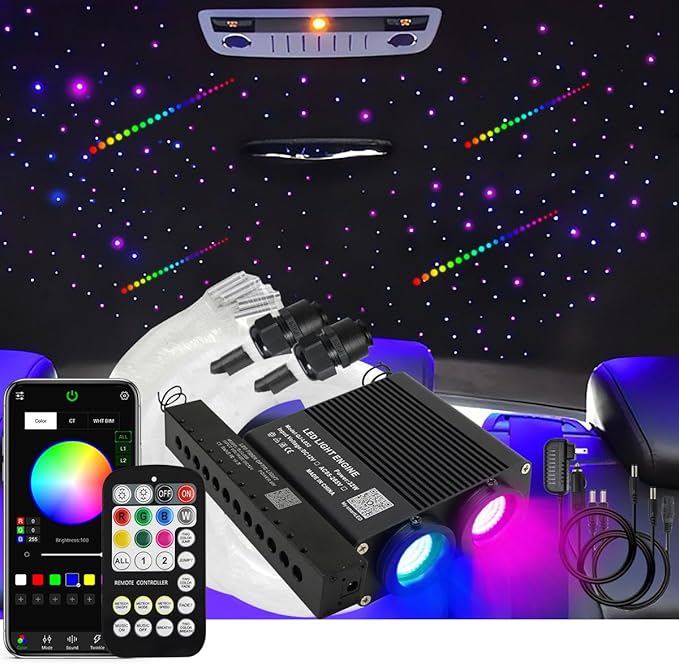 Car Home AKEPO Shooting Star 32W Dual-Head 2 Light Color RGBW Fiber Optic Lights, 920pcs of Mixed 3 Dia. Optical Fibers in 9.8ft+ Small Size Music Activated Fiber Optic Star Ceiling Sky Light Kit