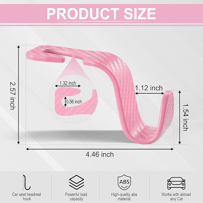 LivTee Car Purse Hook, Headrest Hook for Car, 4 Pack Universal Auto Car Seat Headrest Hook Hangers Organizer for Purse Coat Umbrellas Grocery Bags Handbag, Car Accessories - Carbon Fiber Pink