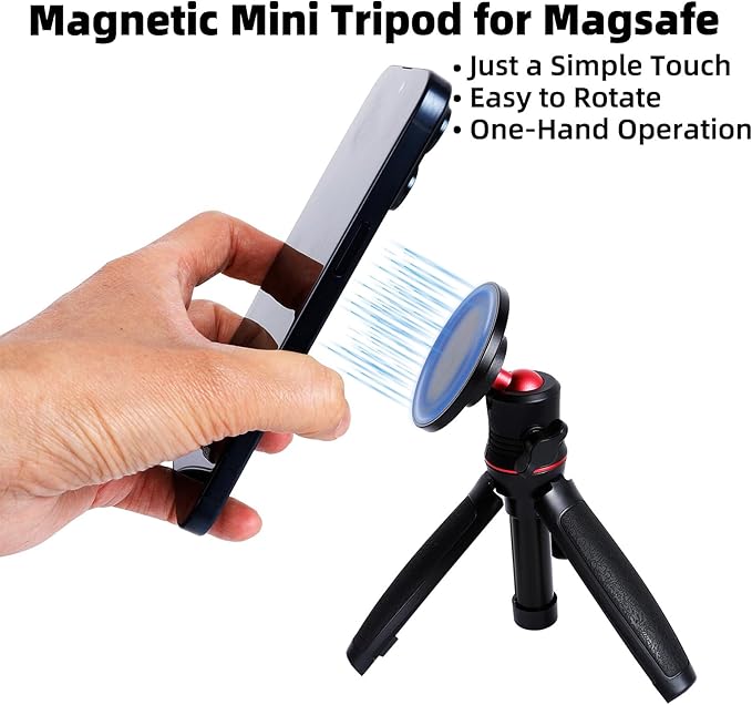 Magnetic Cell Phone Tripod for MagSafe, Mini Extendable Selfie Stick and Tripod Stand with 360° Ball Head, Compatible with iPhone 16 15 Pro Max Plus 14 13 12 Series