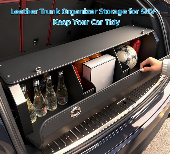Trunk Organizer for SUV, Leather Car Organizers and Storage with lid & Sturdy Handle, Waterproof Hard Car Trunk Storage Box for Sedan, Travel, Grocery, Daily (Black, 37''*11.41''*12.5'')