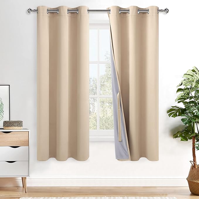 XWZO 100% Blackout Window Curtains with Tiebacks- Privacy Protection & Noise Blocking Window Draperies Grommet Top with Black Liner for Bedroom/Living Room, Biscotti Beige, W38 x L72, Set of 2 Panels