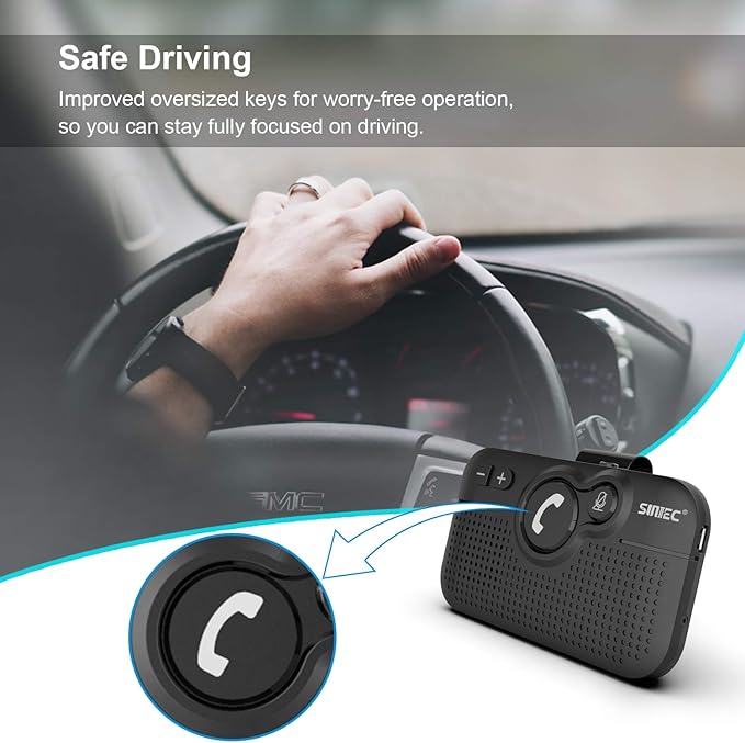Handsfree Bluetooth Car Kit for Cell Phone, Wireless Bluetooth Speaker for Car, AUTO Power ON Support Siri Google Voice Assistant Hands Free Phone Speakerphone with Visor Clip-BC980SA