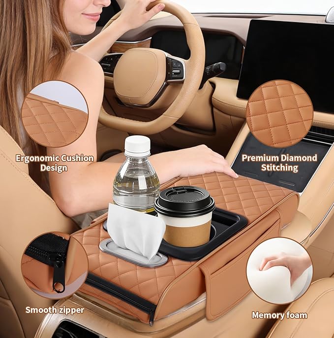 5-in-1 Car Armrest Cushion, Multifunctional PVC Leather Center Console Armrest Pillow Elbow, Universal Arm Box Pad Cover with Cup Holder, Phone Slot, Tissue Box Slot & 2 Storage Bags, Orange