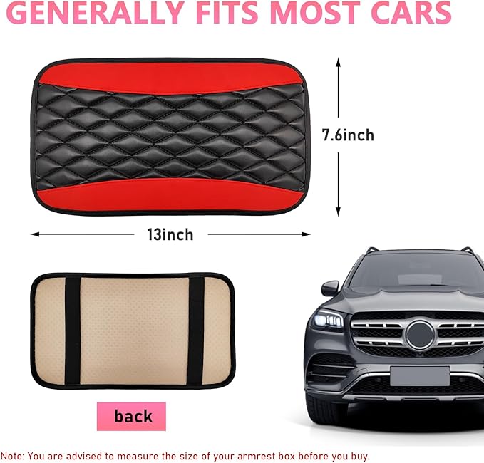 Car Center Console Cushion Pad, PU Leather Waterproof Auto Armrest Box Cover Protector, Comfortable Armrest Seat Box Cover Mat, Universal Car Accessories for SUV Truck (Red)